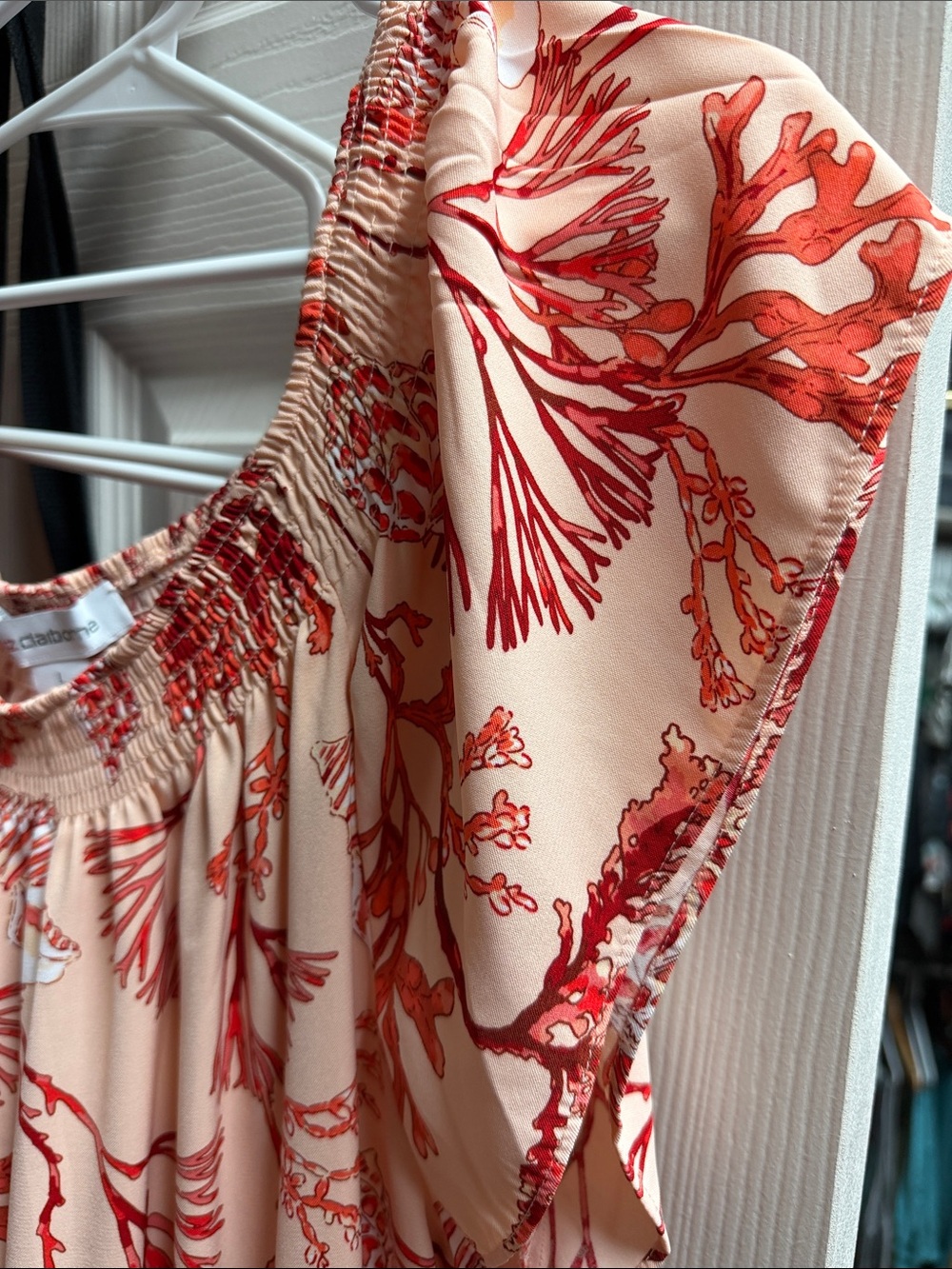 Liz Claiborne Cream Midi Dress with Red Coral Print. - Picture 2 of 5